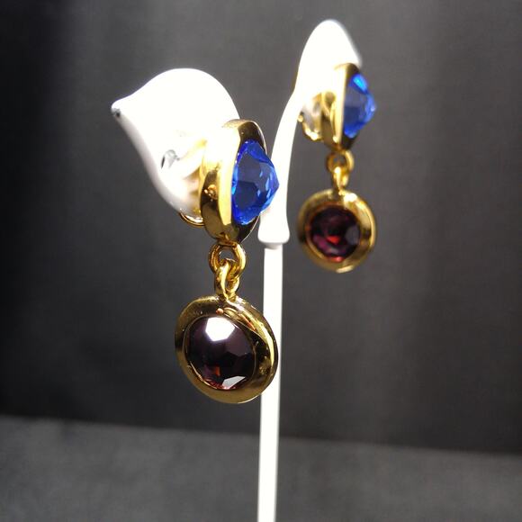 Swarovski Gold Plated Drop Earrings, Blue Green Purple Crystals, 1990s Swan Logo - Picture 4 of 10